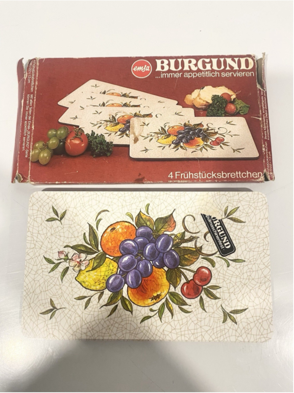 Vintage Emsa Burgund Set 4 Breakfast Cutting Boards West Germany Fruit 0361